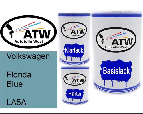 Volkswagen, Florida Blue, LA5A: 500ml Lackdose + 500ml Klarlack + 250ml Härter - Set, von ATW Autoteile West.